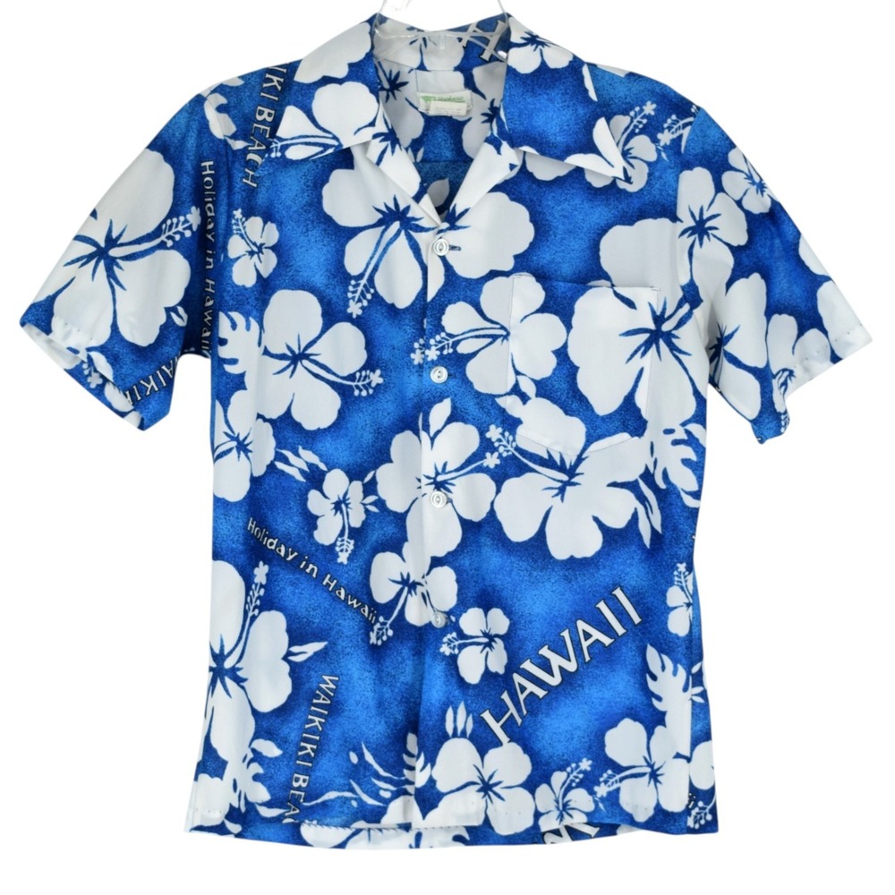Vtg 60s 70s Hookano Hawaiian Aloha Shirt Mens M Blue White Hibiscus Waikiki Camp